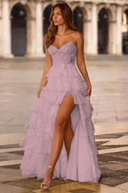 Chiffon And Lace V-Neck Strapless Sleeveless Long A-Line Prom Dress With Bow And Ruffles JQ0318