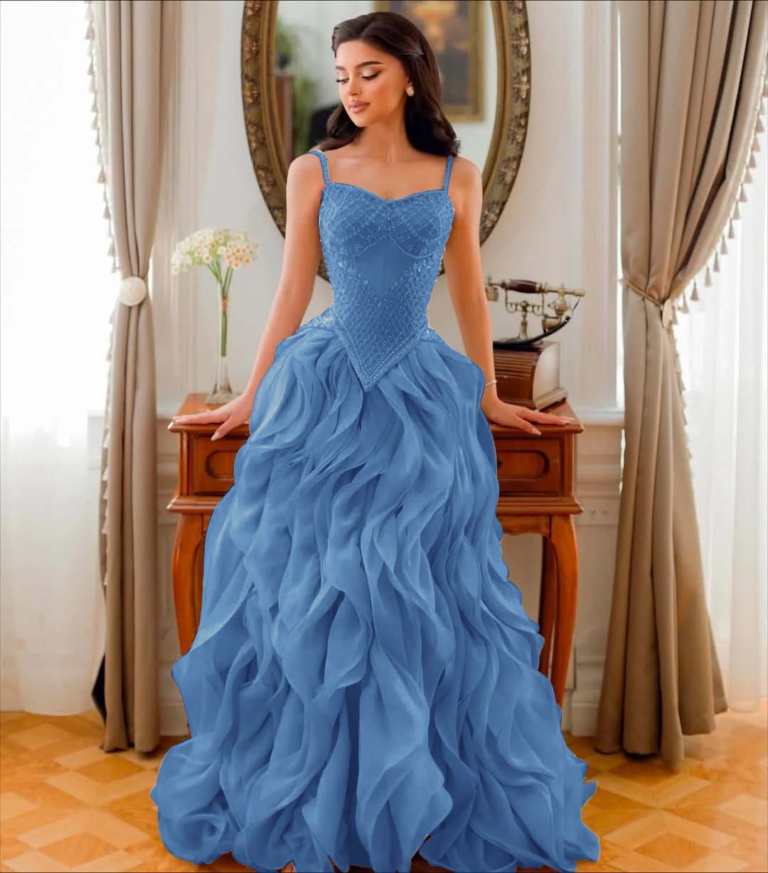 Tulle V-Neck Spaghetti Straps Strapless Sleeveless Long A-Line Prom Dress With Beadings And Pleated YK0761