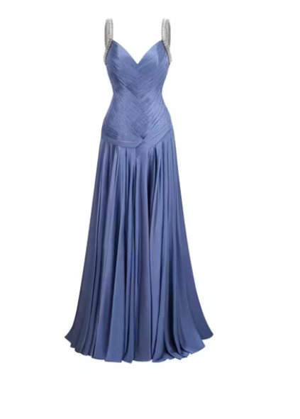 Cocoslly Spaghetti Straps Sleeveless High Waist Long Prom Dress With Pleated | Dusty Blue Chiffon LR0340