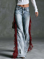 Vintage Urban Western Red Tassels Light-wash Slight-flare Jeans