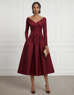Burgundy Ruched Satin V Neck Long Sleeve A-Line Midi Dress