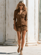 Vintage Multi-pocket Brown Short-sleeved Collared Button Denim Mini Dress