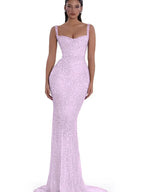 Cocoslly Spaghetti Straps Sleeveless High Waist Long Mermaid Prom Dress With Beading Pearls | Nude Champage Sequins JZ0120