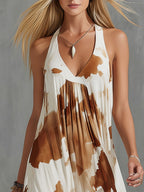Vintage Brown Cow Print White Chiffon Sleeveless Maxi Dress