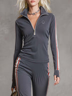 Elegant Retro Sporty Gray Cotton Fabric Lapel Front Zipper Top And Pant Set
