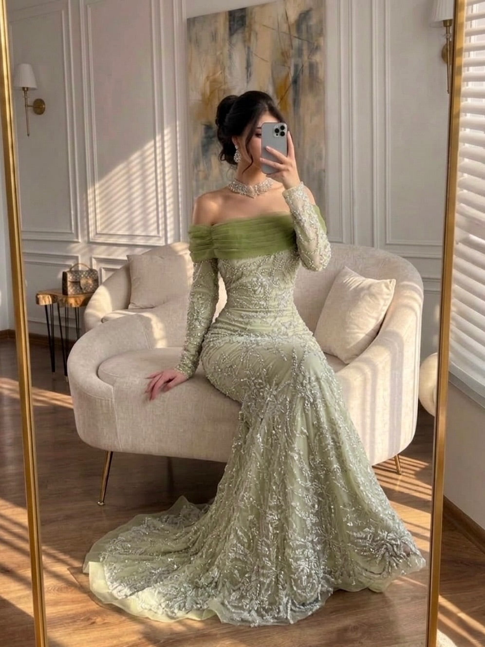 Cocoslly Off-The-Shoulder Long Sleeves High Waist Long Mermaid Prom Dress With Applique |  Green Tulle CO0111