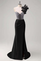 Satin V-Neck Strapless Sleeveless Long Pleated Mermaid Prom Dress With Rhinstone And High Split YK0320