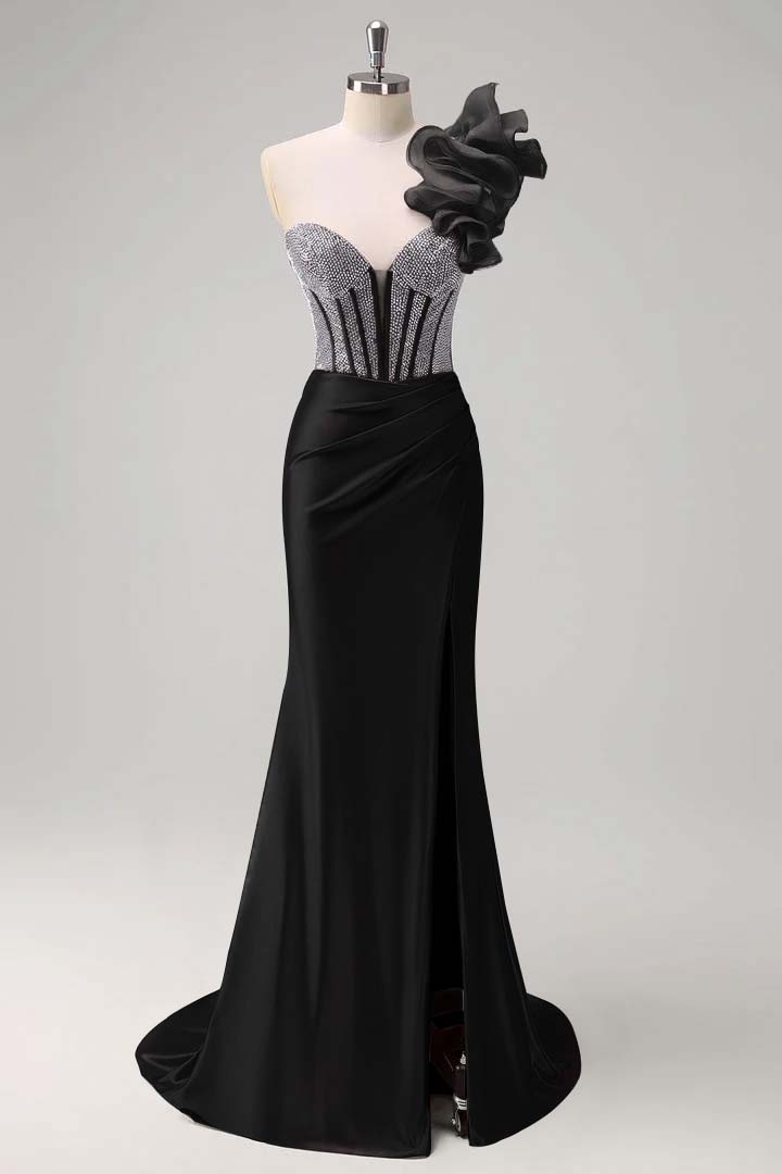 Satin V-Neck Strapless Sleeveless Long Pleated Mermaid Prom Dress With Rhinstone And High Split YK0320