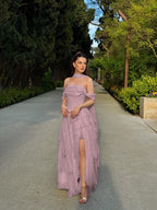 Cocoslly Off-The-Shoulder Sleeveless High Waist Long Split Prom Dress With Ruffles And Scarf | Daffodil Chiffon YK1279