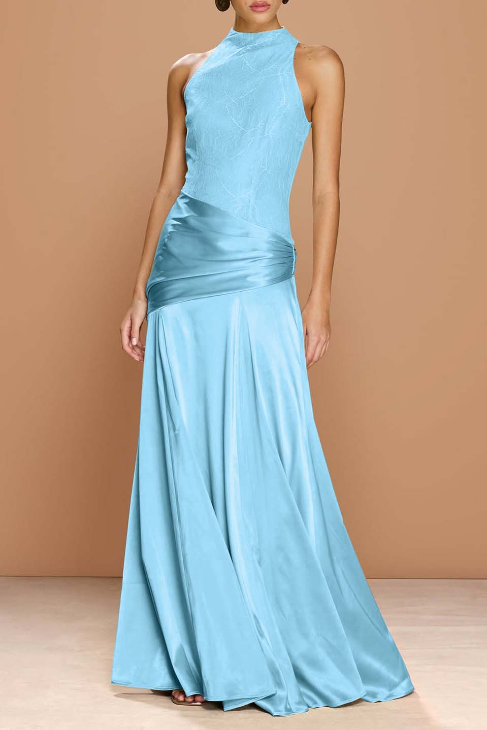 Cocoslly High-Neck Sleeveless Long Pleated Mermaid Prom Dress With Embroidery | Sage Green Satin ZA0147