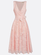 Light Pink Bow Embroidery Classic V Neck Sleeveless A-Line Midi Dress With Pockets