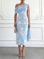 Navy Blue Embroidery Classic Strapless Sleeveless Sheath Midi Dress