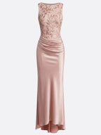 Purplish Blue Embroidery Satin Crew Neck Sleeveless Sheath Gown Dress