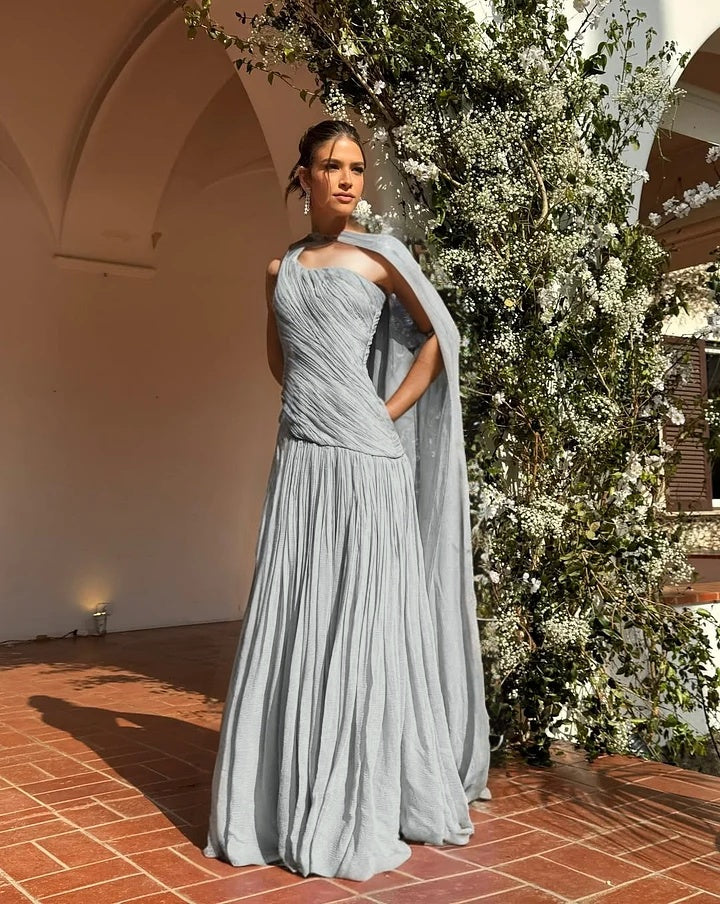 Chic One Shoulder Sleeveless Long Prom Dress With Pleated Shawl WQ0343