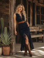 Vintage Bohemian Blue Lace Sleeveless Midi Dress