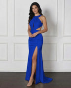 Cocoslly Halter Sleeveless High Waist Long Prom Dress With Split And Pleated | White Satin LX0111