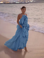 Cocoslly Halter Sleeveless High Waist Long Prom Dress With Ruffles | Lilac Chiffon LX0092
