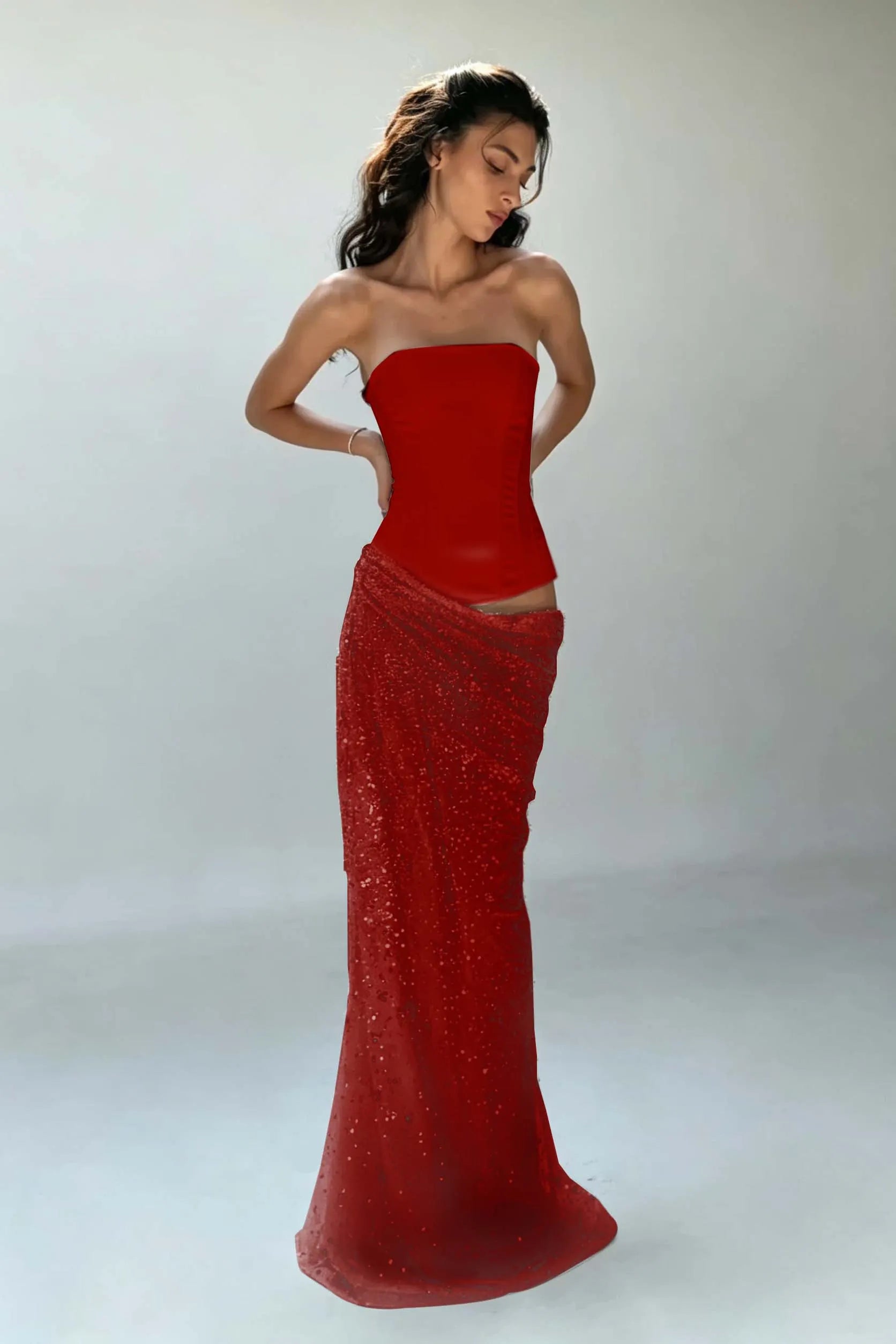 Cocoslly Strapless Sleeveless High Waist Long Mermaid Prom Dress | Creme Yellow Satin And Sequins YC0568