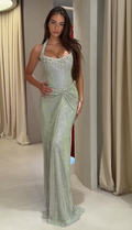 Cocoslly Halter Sleeveless High Waist Long Mermaid Prom Dress With Rhinstone And Pleated | Silver Sequins CO0207