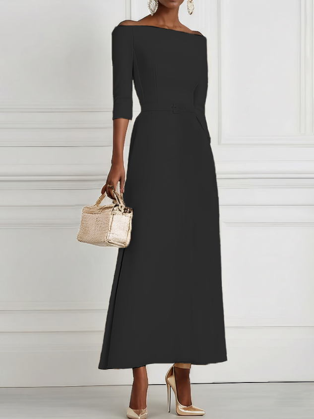 Purplish Blue Classic Off The Shoulder Half Sleeve A-Line Maxi Dress