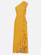 Yellow Peplum Chiffon One Shoulder Sleeveless Sheath Maxi Dress
