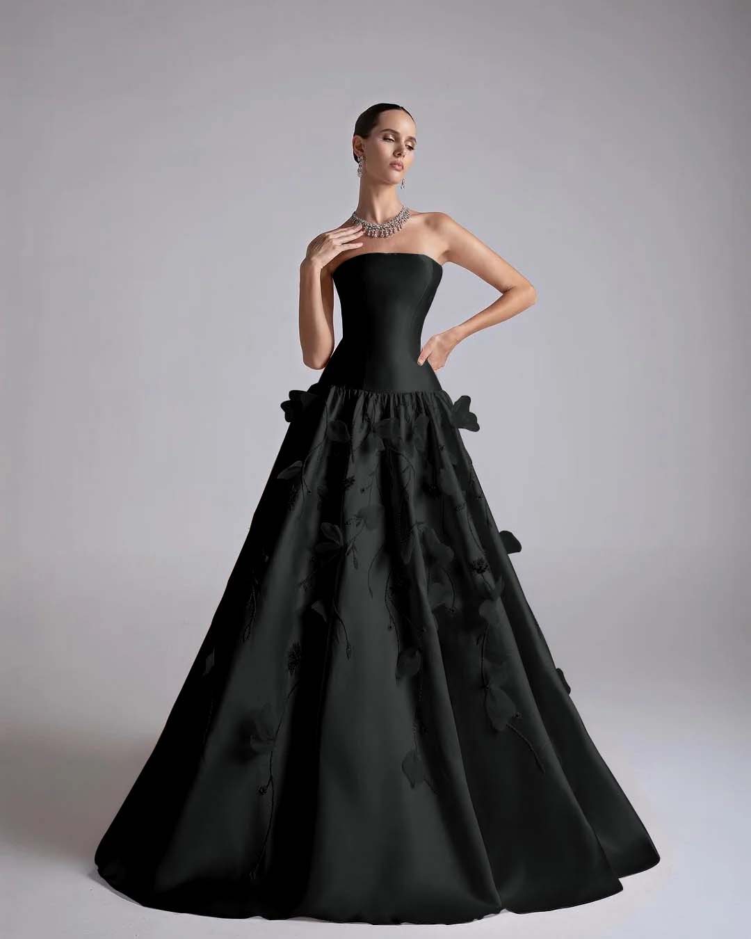 Satin Strapless Sleeveless Long A-Line Prom Dress With Flower Appliqués And Beadings YK0682