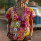 Vintage Hippie Peace Daisy Floral Patchwork Print Linen T-shirt