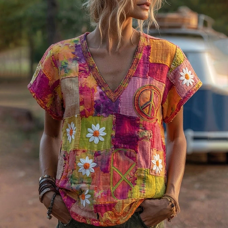 Vintage Hippie Peace Daisy Floral Patchwork Print Linen T-shirt