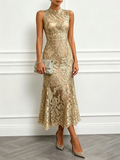 Golden Jacquard Lace Mock Neck Sleeveless Mermaid Midi Dress