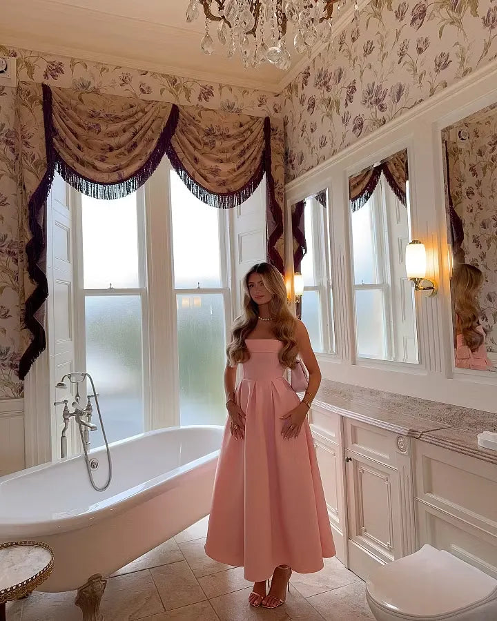 Cocoslly Wide Strapless Sleeveless High Waist Long Prom Dress With Pleated | Pink Satin LX0097