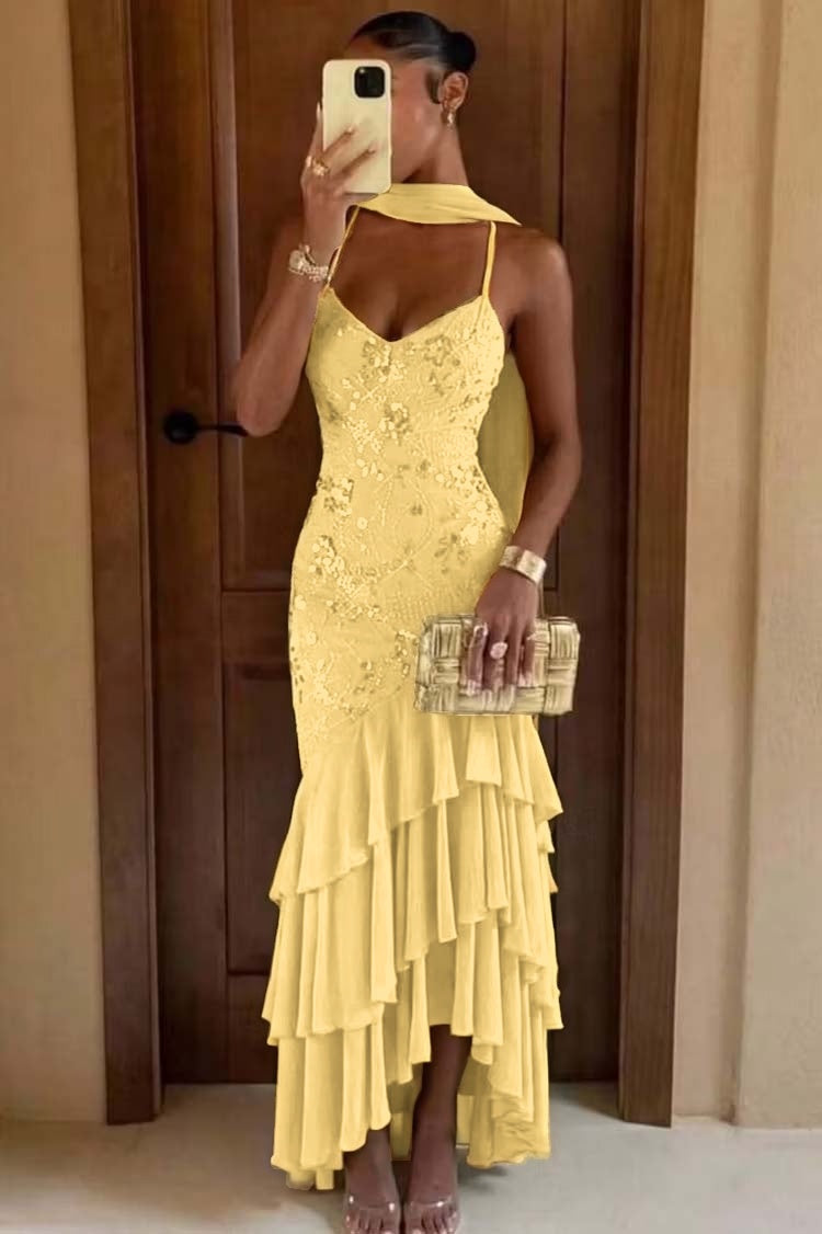 Cocoslly Spaghetti Straps Sleeveless High Waist Long Prom Dress With Ruffles And Sequins | Sage Chiffon LR0491