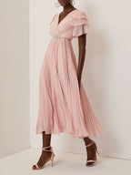 Purplish blue Pleated Rhinestone Chiffon V Neck Short Sleeve Ruffle Sleeve A-Line Maxi Mother of the Bride or Groom Dress