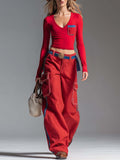 Y2K Retro Red V-Neck Long-Sleeve Crop Tee And Contrast-Stitch Cargo Wide-Leg Pants Set