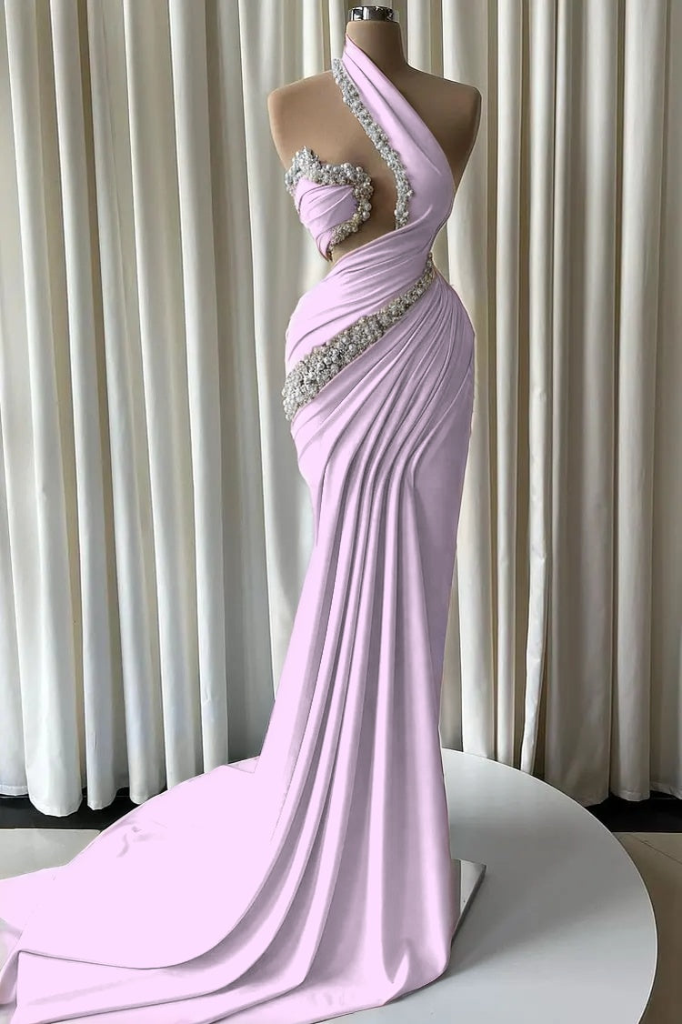 Cocoslly One Shoulder Sleeveless High Waist Long Mermaid Prom Dress With Pearls | Dusty Blue Satin JZ0162