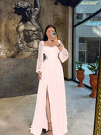 Lace Square Neck  Lantern Long Sleeves Long A-Line Pleated Prom Dress With Split And Corset YK0413