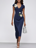 Purplish Blue Embroidery Applique Sheath Midi Dress