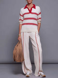 Retro Red-Striped Knit Polo And Wide-Leg Pants Set