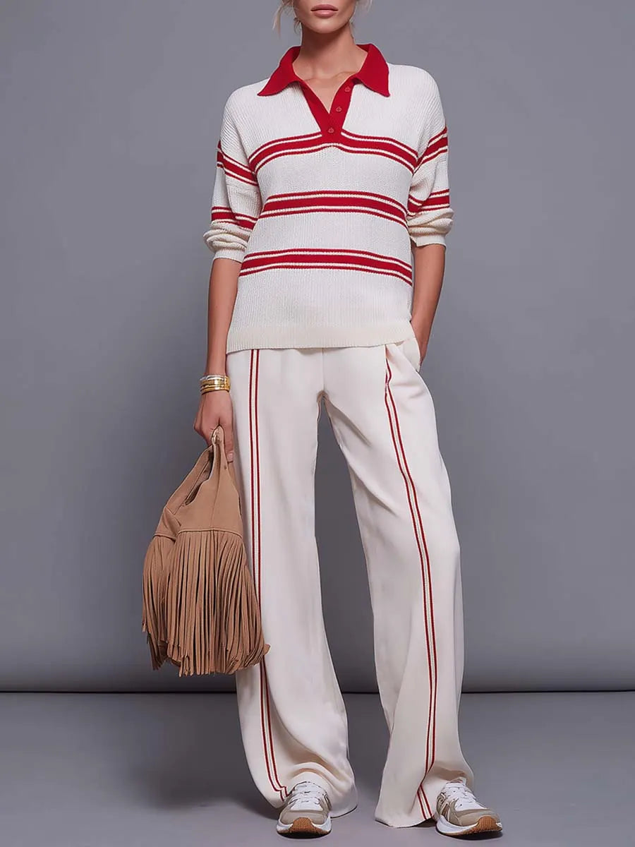 Retro Red-Striped Knit Polo And Wide-Leg Pants Set