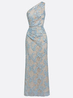 Light Blue Lace Jacquard One Shoulder Sleeveless Mermaid Floor-length Gown Dress