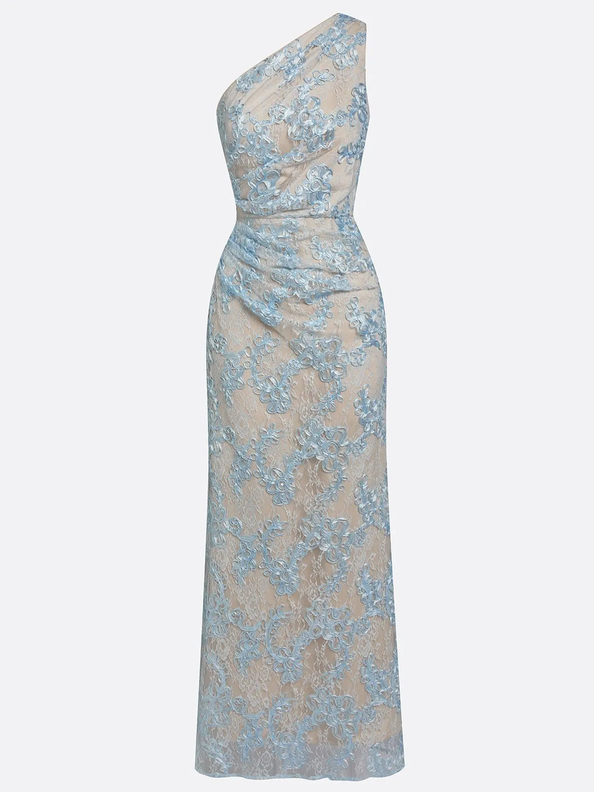 Light Blue Lace Jacquard One Shoulder Sleeveless Mermaid Floor-length Gown Dress