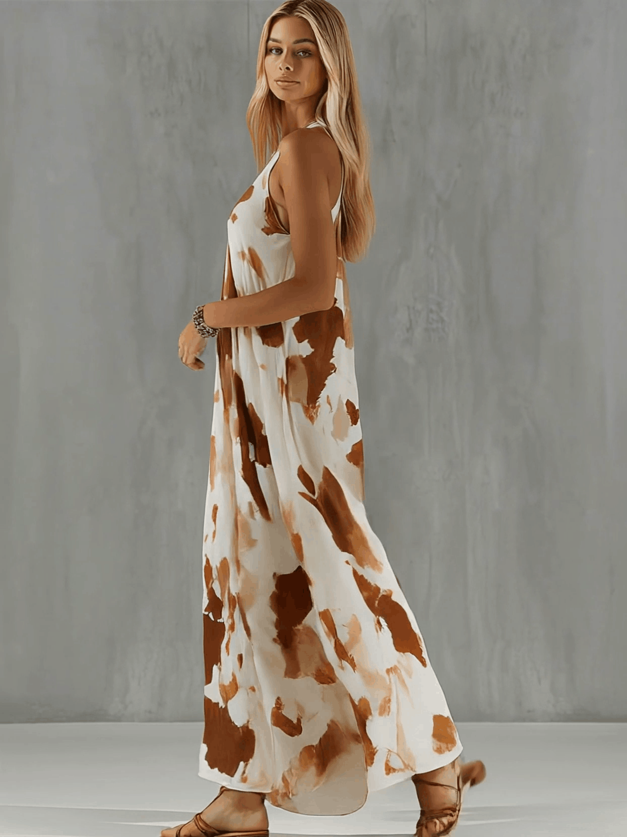 Vintage Brown Cow Print White Chiffon Sleeveless Maxi Dress