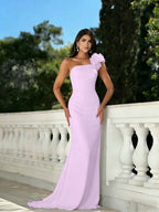 Satin One Shoulder Strapless Sleeveless Long Mermaid Prom Dress With Beadings And Flower YK0640