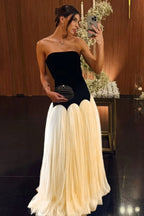 Cocoslly Strapless Sleeveless High Waist Long Prom Dress | Black And Dusty Blue Satin And Tulle YC0567