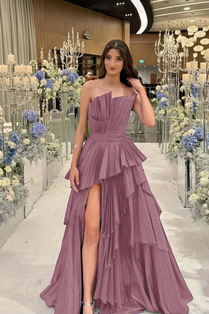 Charming Strapless Sleeveless Long Split Prom Dress With Pleated MS0456