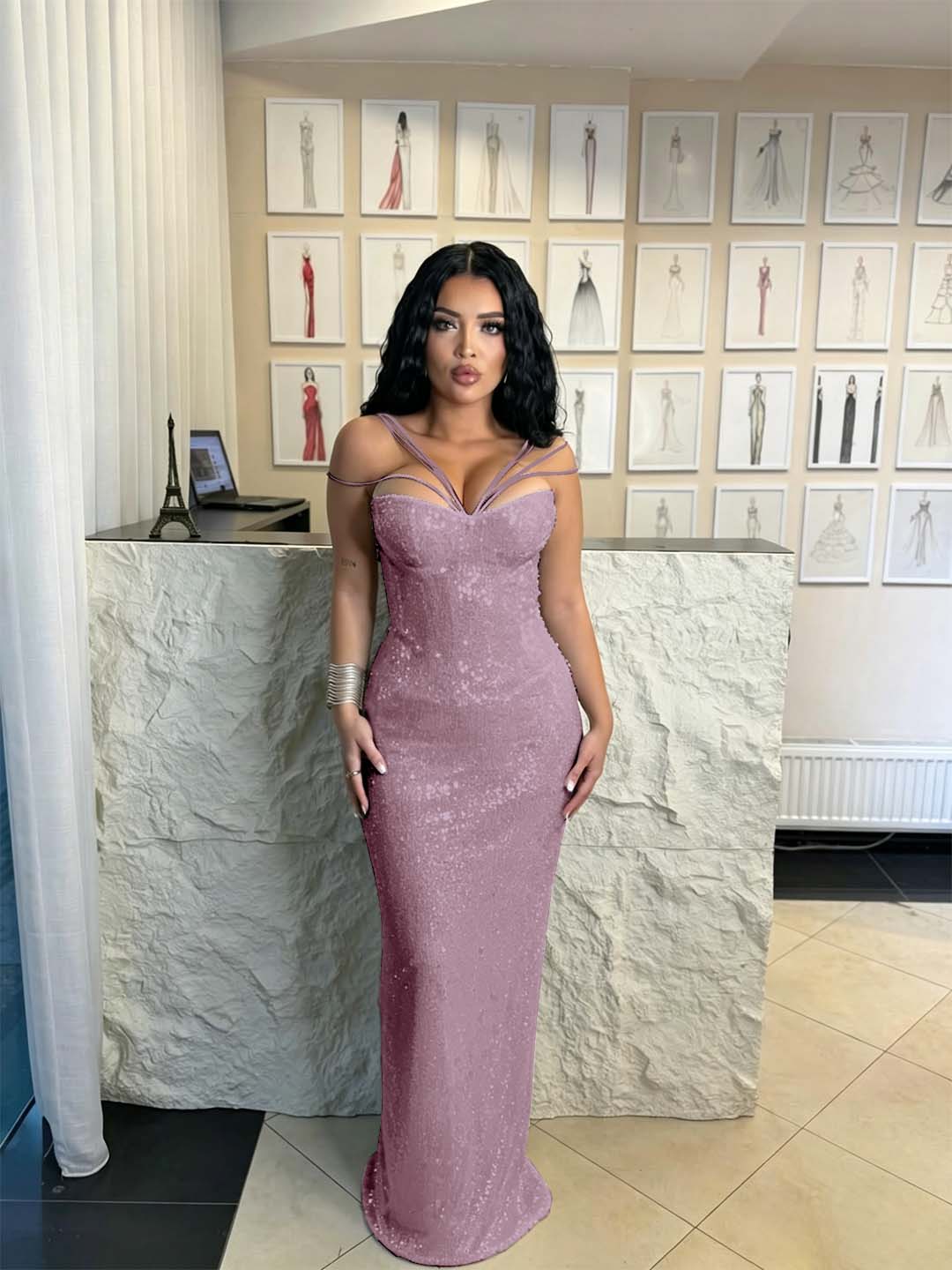 Cocoslly Spaghetti Straps Sleeveless High Waist Long Mermaid  Prom Dress | Brown Sequins YK0969