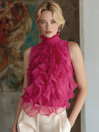 Ruffled High-Neck Sleeveless Chiffon Blouse
