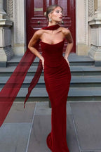 Chiffon Strapless Sleeveless Long Mermaid Prom Dress With Pleated YK0036