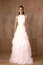 Cocoslly Halter Sleeveless High Waist Long Prom Dress With Ruffles | Daffodil Tulle YC0478