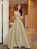 Cocoslly Strapless Sleeveless High Waist Long A Line Prom Dress With Rhinstone | Navy Blue Satin JZ0146