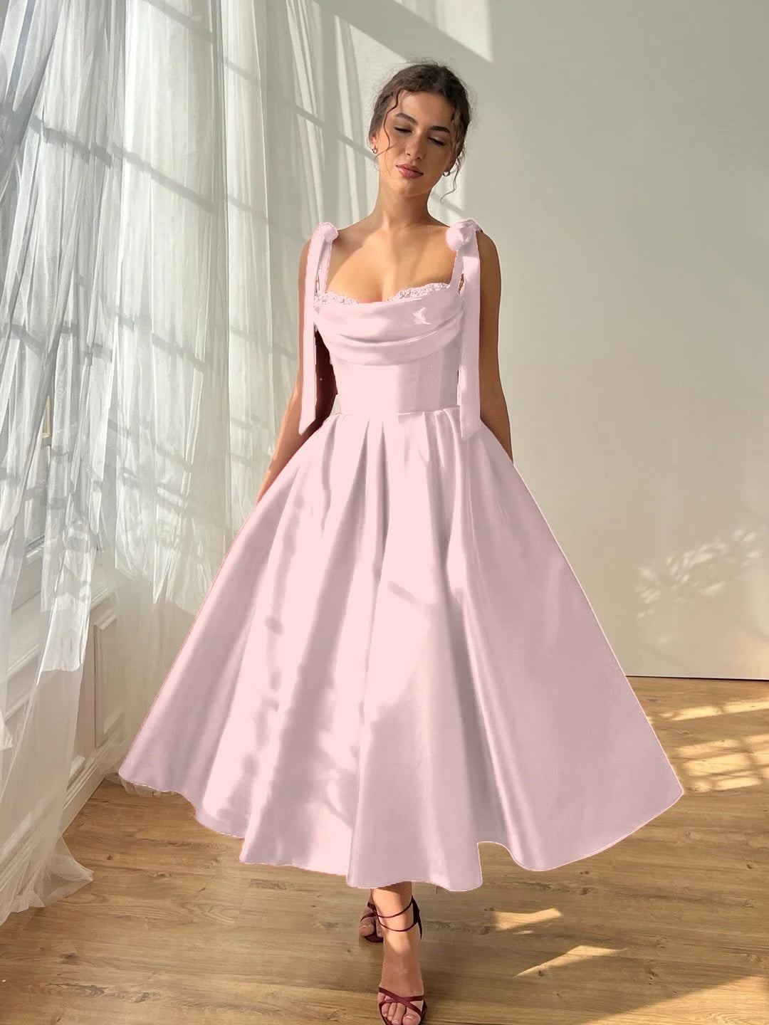 Satin Strapless Spaghetti Straps Sleeveless Pleated A-Line Prom Dress With Pleated And Bows YK0612